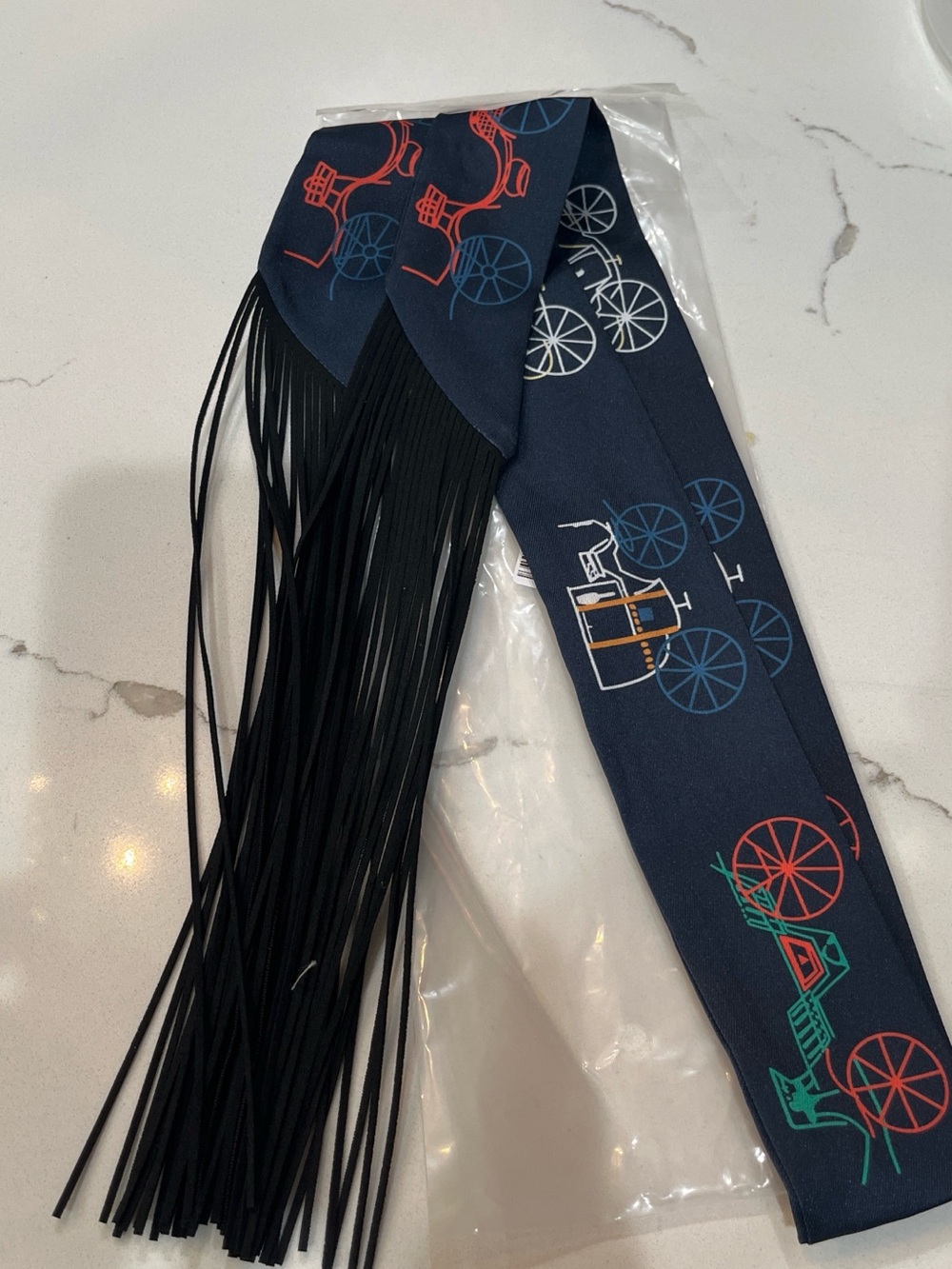 Navy Silk twilly with Fringe and Carriage Print
